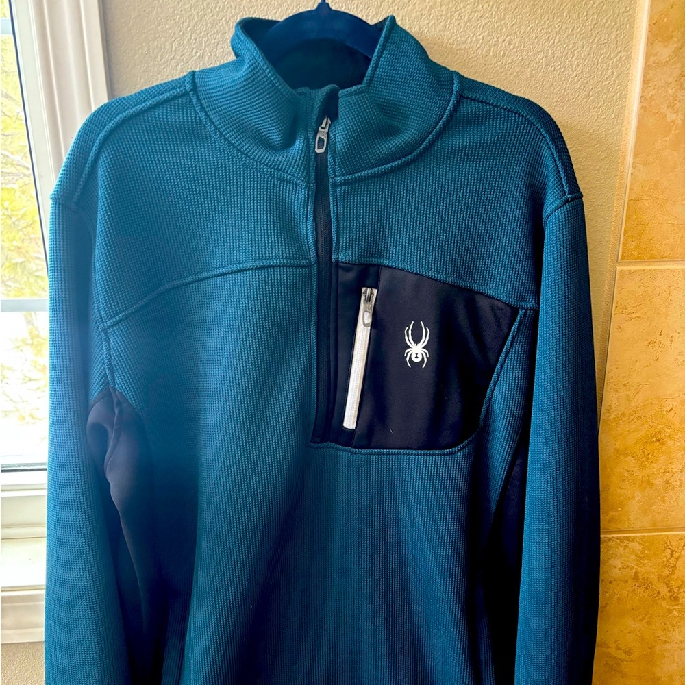 Spyder mens teal blue/green quarter zip sweater with kangaroo pocket. Large